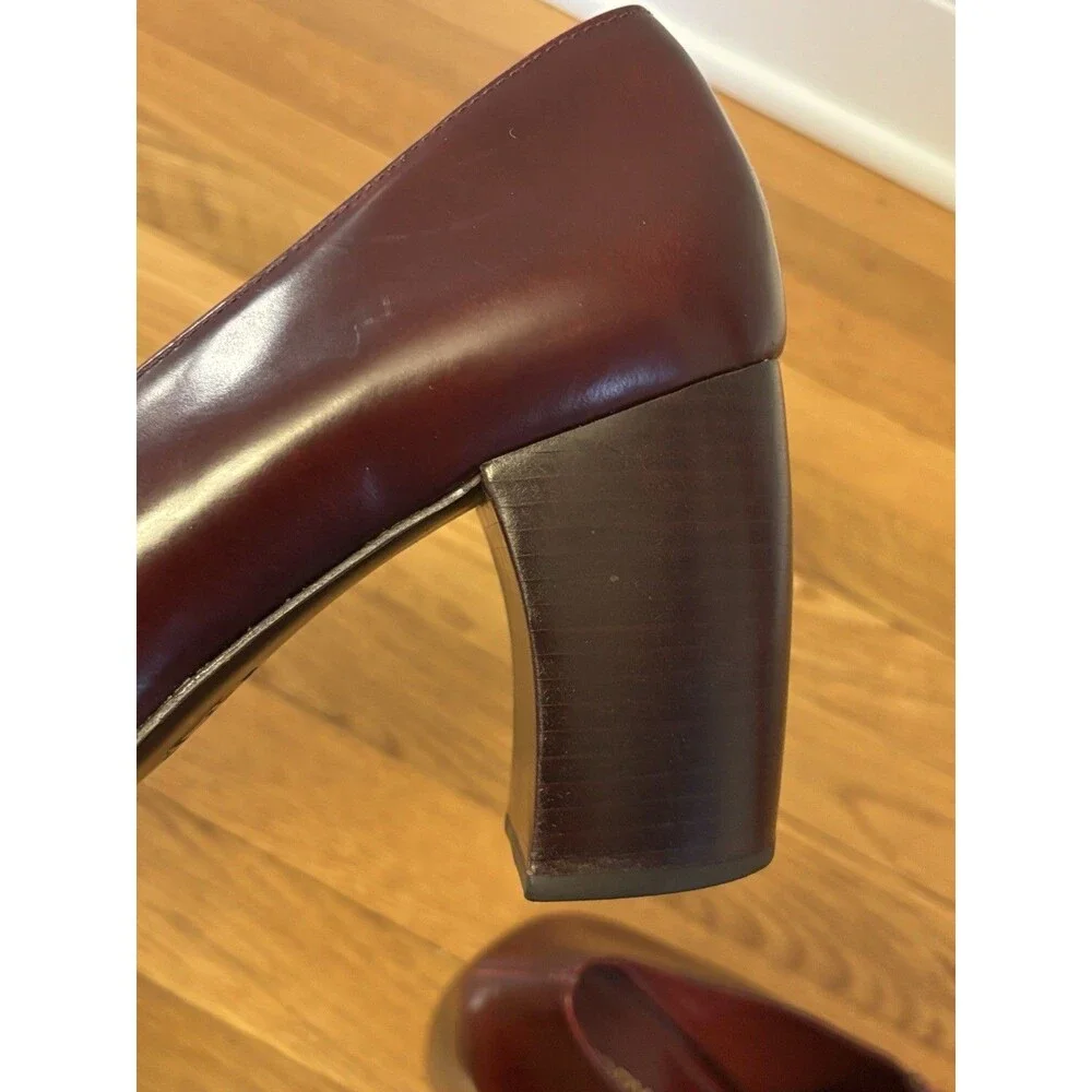 Tory Burch Burgundy Buckle Loafers Curved Block Heels Wild Berry Leather 10 - Picture 15 of 16